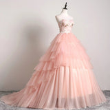 Princess Ball Gown Pink 3D Lace Multi-layered Prom Dresses, Tulle Quinceanera Dresses STI15292