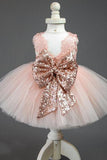 Cute Lace Pink V Back Flower Girl Dress with Bowknot, Round Neck Child Dresses STI15574