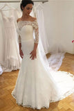 Unique Mermaid Off the Shoulder Ivory Lace 3/4 Sleeves Wedding Dresses, Wedding Gowns STI15460