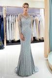 Beaded Evening Dresses Luxury Mermaid Crystal Sweep Train Long Sleeves PASSBQH7
