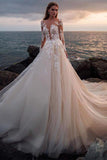 A Line Long Sleeves Round Neck Tulle Wedding Dresses With Appliques Wedding STIP64QPJLR