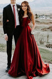 Elegant A Line Red Spaghetti Straps Satin Prom Dresses with Pockets, Evening STI20410