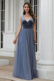 A-Line V-Neck Sleeveless Blue Floor-length Evening Dress Cheap Prom Dresses STI15055