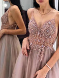 Gorgeous A-Line Spaghetti Straps V Neck Blush Tulle Prom Dresses, Cheap Evening Dresses STI15235