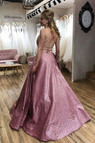 Unique A line Pink Sequins Spaghetti Straps Prom Dresses, Evening STI15678