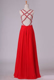 2024 Red A Line Prom Dresses Spaghetti Straps Open Back With Ruffles And PEG3ET39