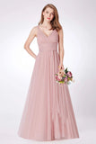 Simple A Line Pink V Neck Tulle Sleeveless Prom Dresses Long Bridesmaid Dresses STI15383