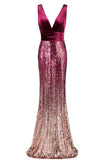 Sexy Sequins Mermaid V Neck Burgundy Velvet Long Prom Dresses Backless Evening Dress STI15352