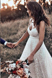 Rustic A Line Lace Backless Spaghetti Straps Wedding Dresses, V Neck Bridal Dress STI15591