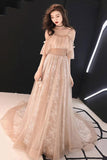 Charming Straps Flowy Tulle Lace Prom Dress With Train A Line Evening Dress P5RTR3GF