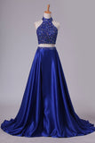 2024 Two Pieces High Neck Prom Dresses A Line Beaded Bodice Satin Dark P5F84HNS