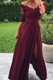 Modest Off the Shoulder Burgundy Bridesmaid Dresses with Slit, Prom STI15655