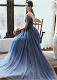 Charming A Line Blue Ombre Tulle Prom Dresses with Open Back, Evening STI15622