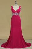 2024 Fuchsia Straps Prom Dresses Beaded Waistband Mermaid Sweep Train PQK34SXL