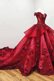 Modest Ball Gown Burgundy Lace Beading Princess Prom Dresses PNXYC3JQ