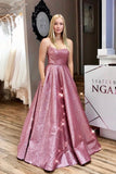 Unique A line Pink Sequins Spaghetti Straps Prom Dresses, Evening STI15678