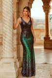Sexy V Neck Sequin Evening Dress with Thigh High Slit Straps Green Long Prom Dresses STI15367