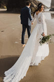 Charming A Line Long Sleeves V Neck Lace Ivory Beach Wedding Dresses, Bridal STI15623