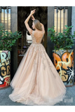 A Line Bateau Neckline Beadings Sash Prom Gown Champagne Appliques Lace Up Back Prom STIP9H7T9ZJ
