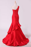 2024 Red One Shoulder Mermaid Prom Dresses Taffeta With Applique P6L3PQD8
