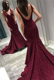 Sparkly Long V-Neck Open Back Mermaid Burgundy Prom Dresses P6K76Y3G