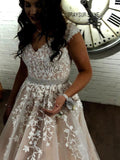 A Line Cheap Nude Quinceanera Dress Lace Appliques Cap Sleeve Beaded Prom Dresses
