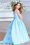 Princess A Line Sky Blue Satin Flower Girl Dresses with Bowknot, Baby Dresses STI15586