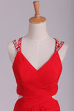 2024 Red A Line Prom Dresses Spaghetti Straps Open Back With Ruffles And PEG3ET39