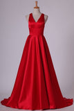 2024 Red V Neck Evening Dresses A Line Sweep Train With Slit P4465NK5