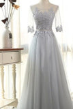 2024 Elegant Prom Dresses A-Line Scoop Floor-Length Tulle Zipper Back 3/4 Sleeves PMJZC9LN
