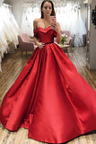 Red Ball Gown Off the Shoulder V Neck Satin Prom Dresses, Evening STI20432
