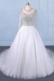 Puffy Long Sleeves Tulle White Wedding Dress Shiny Long PB2N3JK1
