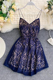 A Line Spaghetti Straps Lace V Neck Navy Blue Homecoming Dresses, Sweet 16 Dresses STI15555