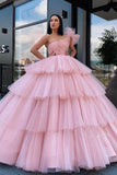 Charming Ball Gown Tulle Pink One Shoulder Long Prom Dresses, Quinceanera Dresses STI15096