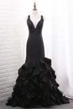 2024 V Neck Mermaid Tulle & Satin Prom Dress Sweep Train PM749M3Y