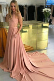 Modest Pink Long Open Back Simple Cheap Elegant Prom Dresses PJSBE4JZ