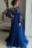 Charming A Line Long Sleeve Tulle Appliques Prom Dresses, Long Evening STI20456