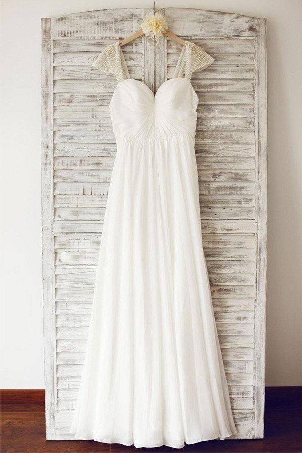 Cap Sleeve Floor Length Chiffon Beading Pleated Wedding Dresses