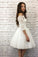 Chic Off the Shoulder Half Sleeves Ivory Lace Short Tulle Homecoming Dresses