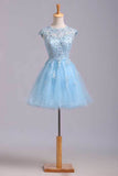 2024 Scoop Short/Mini Prom Dress A Line Tulle Skirt Embellished Bodice With Beads And Applique PSSPT98K