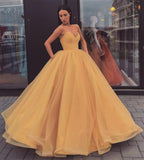 Sweetheart Strapless Yellow Long Modest Prom Gown, Ball Gown Quinceanera Dresses STI15441