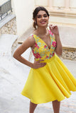 Yellow Floral Satin Illusion Back Daffodil V Neck Homecoming Dresses Short Cocktail Dresses STI14985