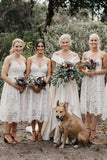 A Line Ivory Lace Spaghetti Straps V Neck Bridesmaid Dresses, Bridesmaid Gowns STI15489