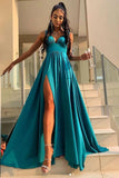 Elegant Green A Line V Neck Prom Dresses with Split, Long Bridesmaid Dresses STI15166