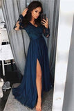 Pretty Long Sleevesl Navy Blue Lace Front Split Prom Dresses PXCJ413H