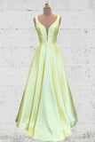 Unique A Line Yellow Satin Prom Dresses with Pockets, Simple Formal STI15680