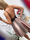 Cute V Neck Short Black Lace Spaghetti Straps Prom Dresses Backless Homecoming STI11817