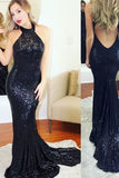 2024 Hot Sexy Sequins Mermaid Prom Dresses Halter Open Back P5HEY778