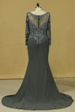 2024 Plus Size Long Sleeves Scoop Beaded Bodice Mermaid Evening Dresses Chiffon & P2ZREJP9