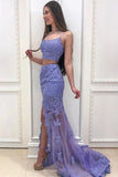 Elegant Two Pieces Mermaid Lilac Lace Slit Long Prom Dresses, Formal STI15645